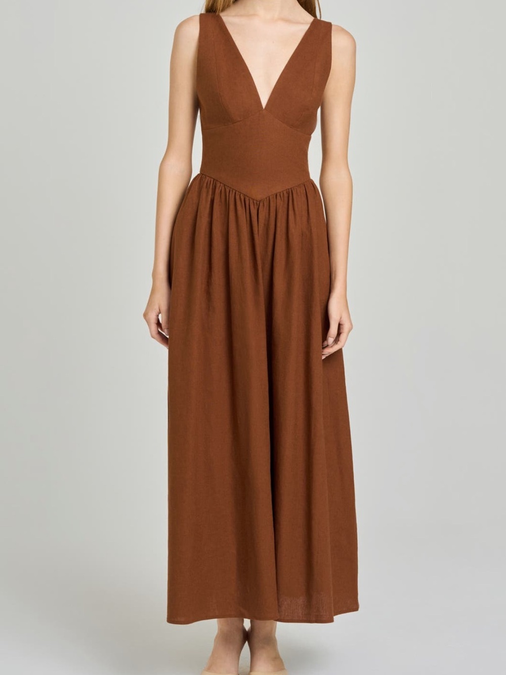Wayf Brown Deep V-Neck Dress